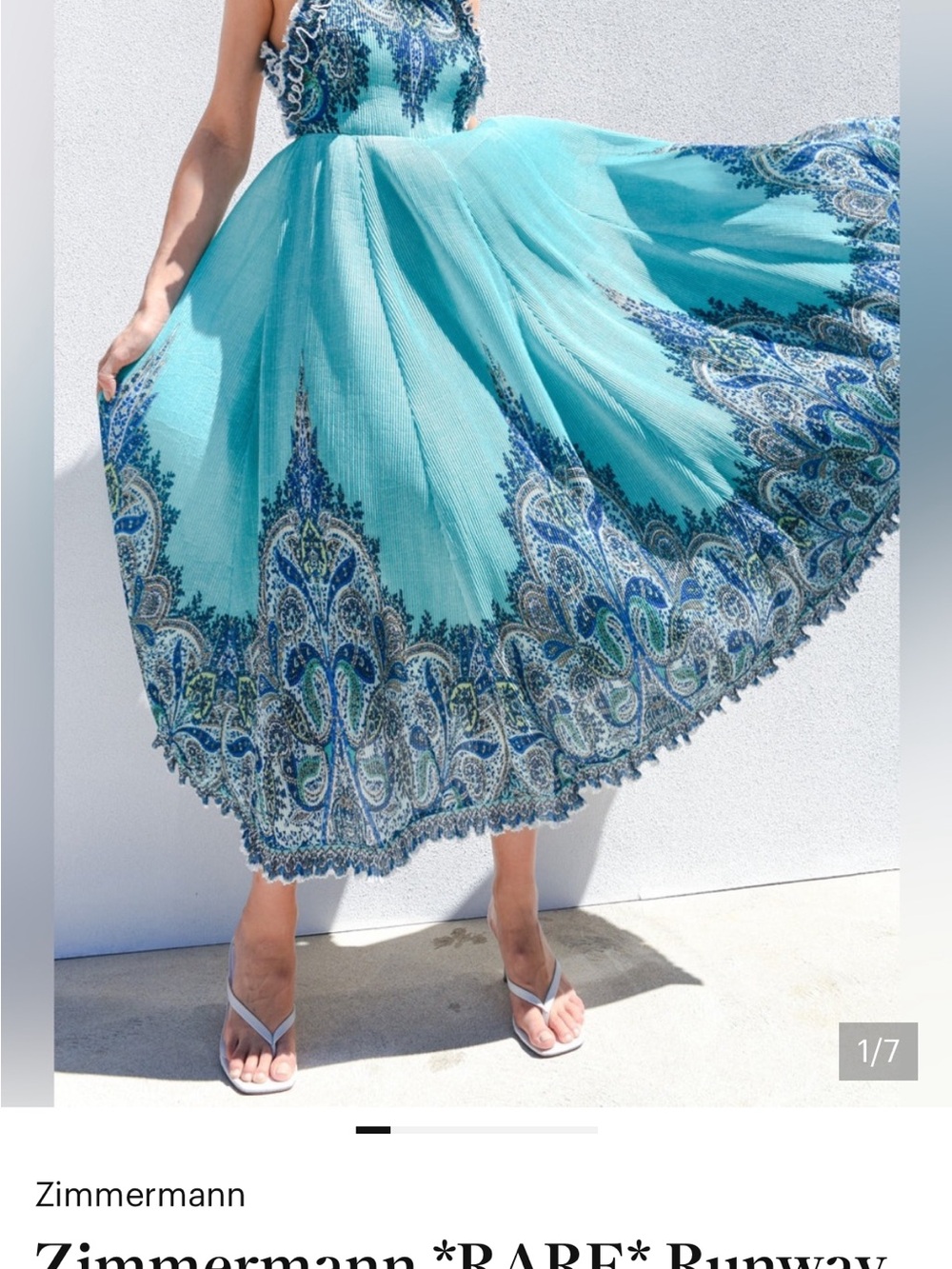 Zimmermann Runway Turquoise Halter Plisse Midi Dress Blue Paisley Border - Picture 2 of 6